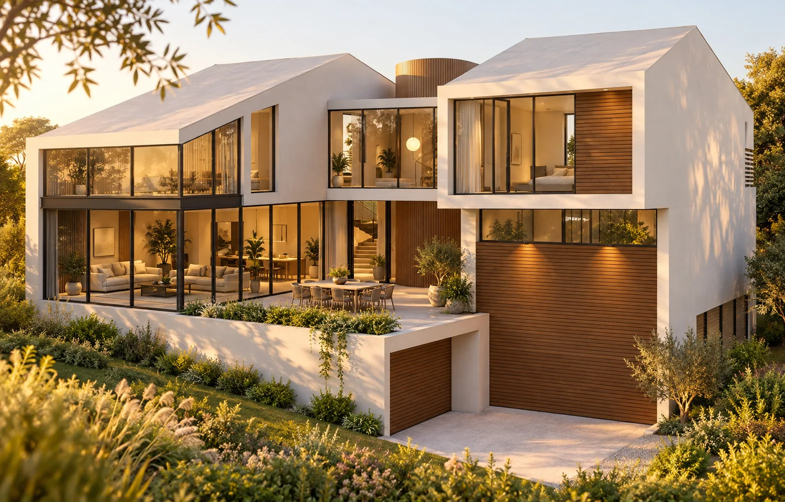 Garden-facing glass walls and terrace beneath the revised pitched roof