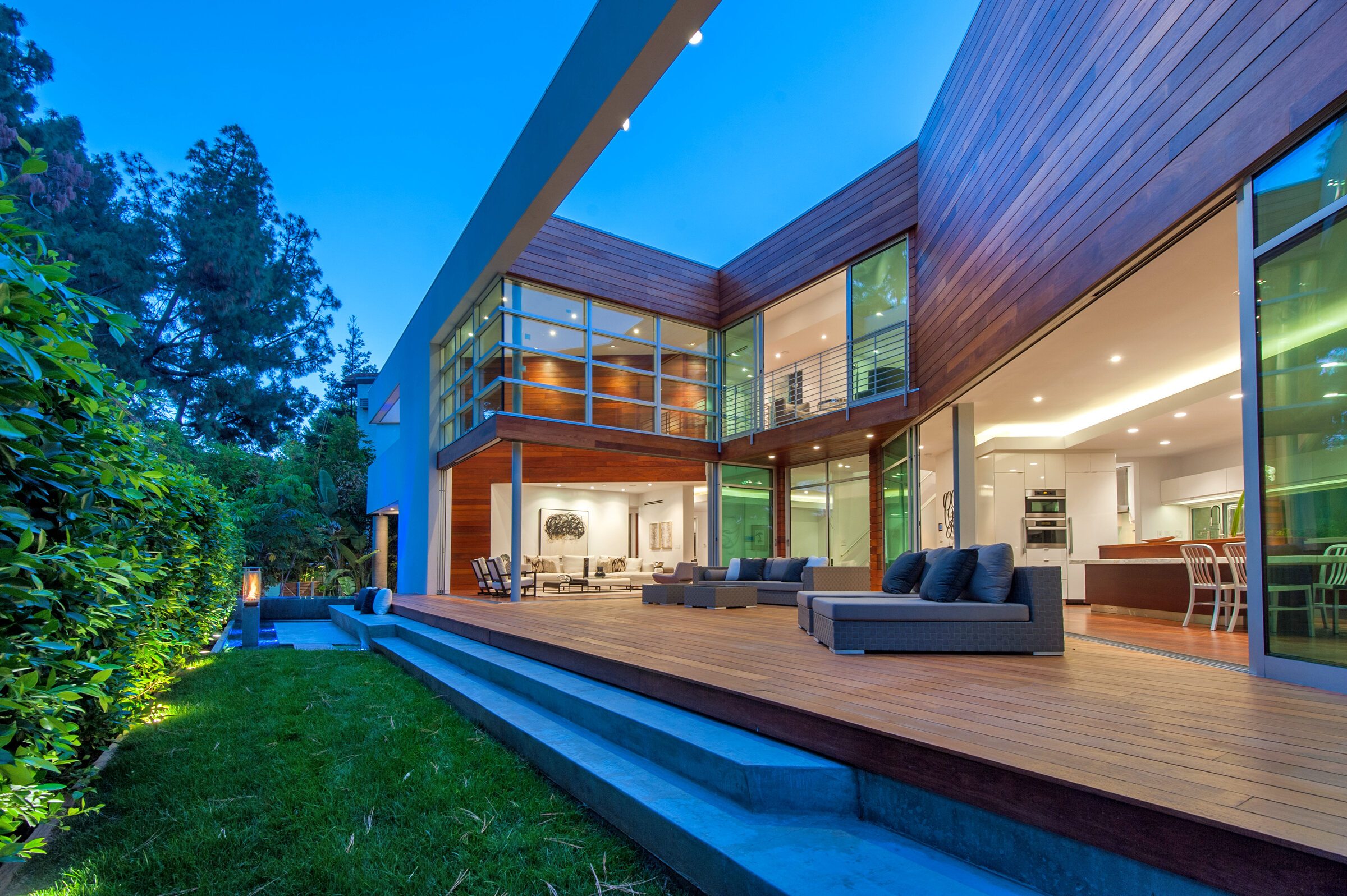 The main courtyard and living spaces in the evening