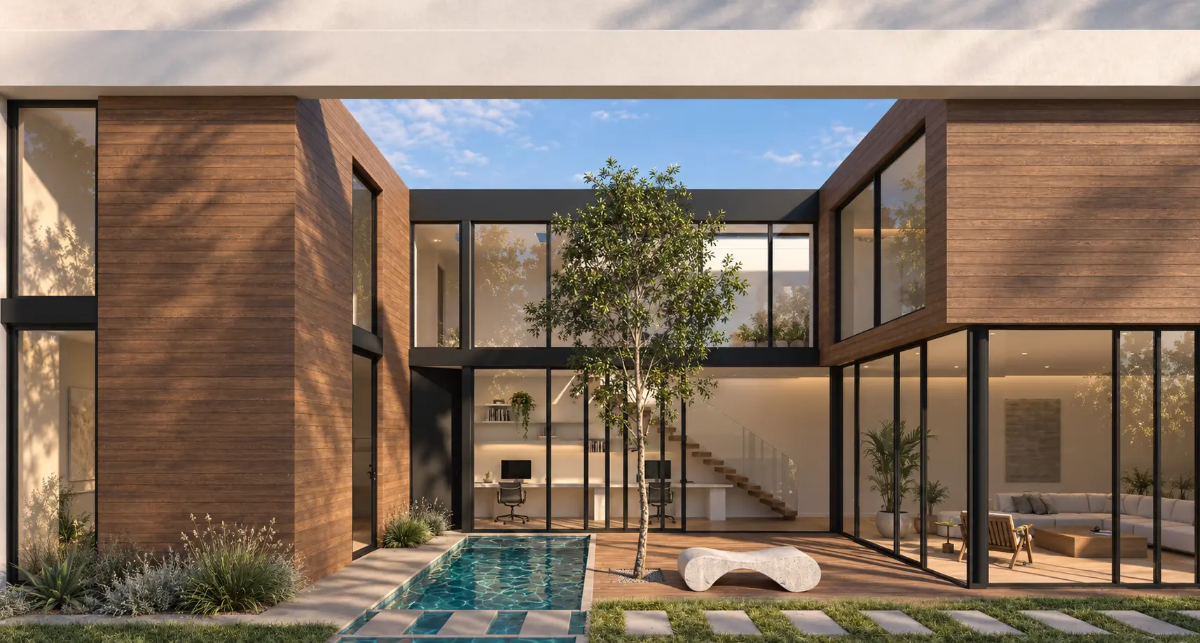 Central courtyard and pool organizing the SB 9 housing project at 2224 Navy Street