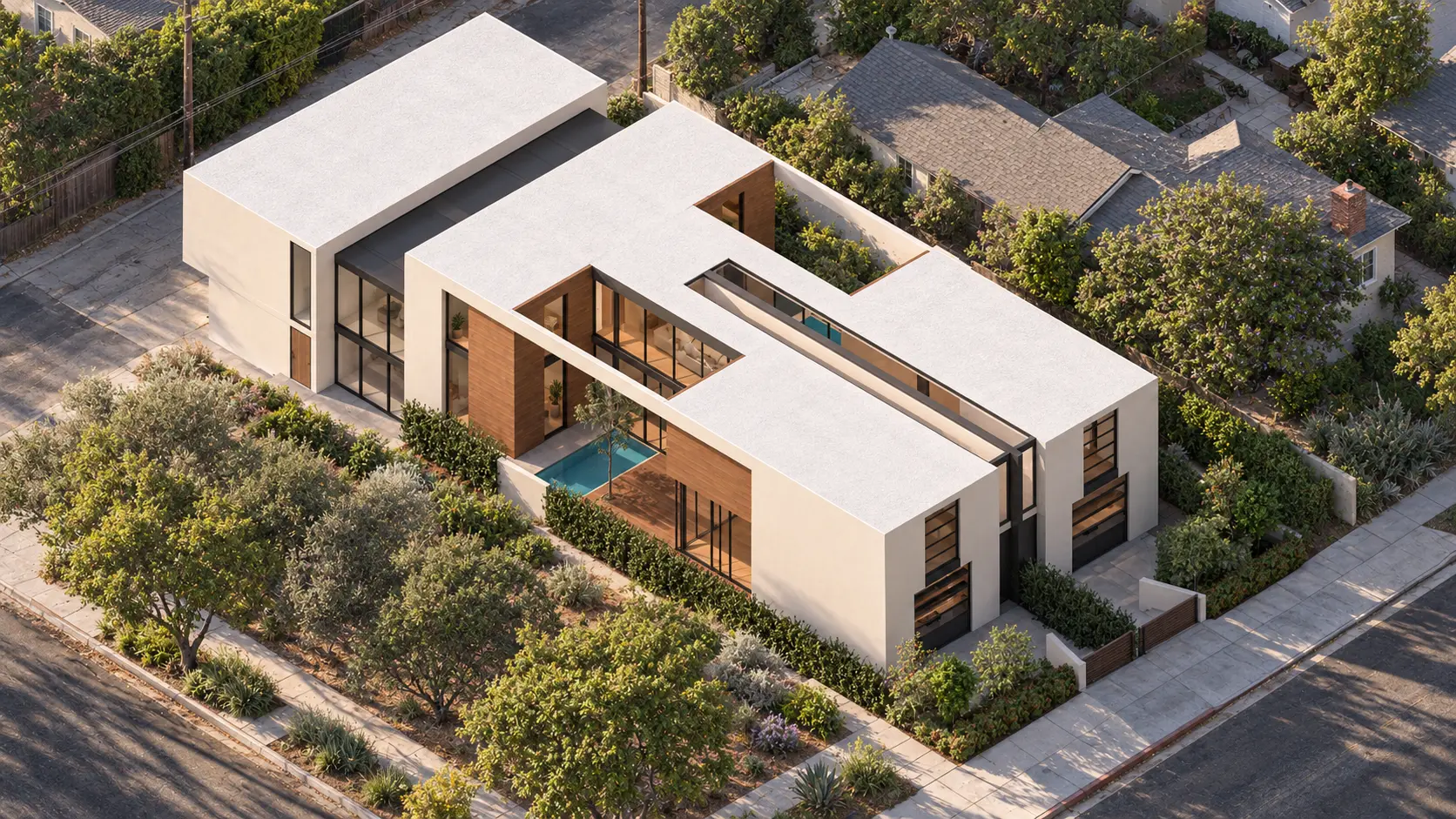 Contextual aerial of 2224 Navy Street showing two attached residences, two alley-side ADUs and the central courtyard