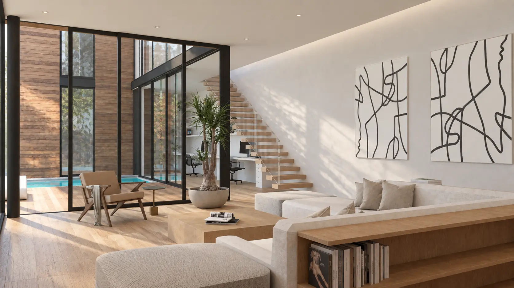 Interior living room view through full-height glass toward the courtyard and pool