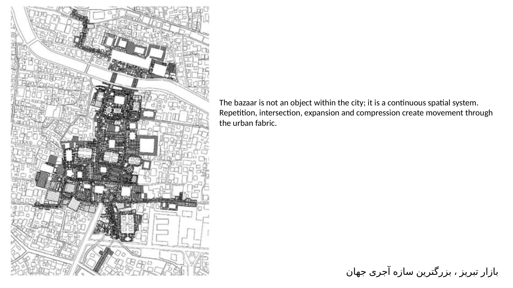 Slide 7 of 31: بازار تبریز ، بزرگترین سازه آجری جهان The bazaar is not an object within the city; it is a continuous spatial system. Repetition, intersection, expansion and compression create mov
