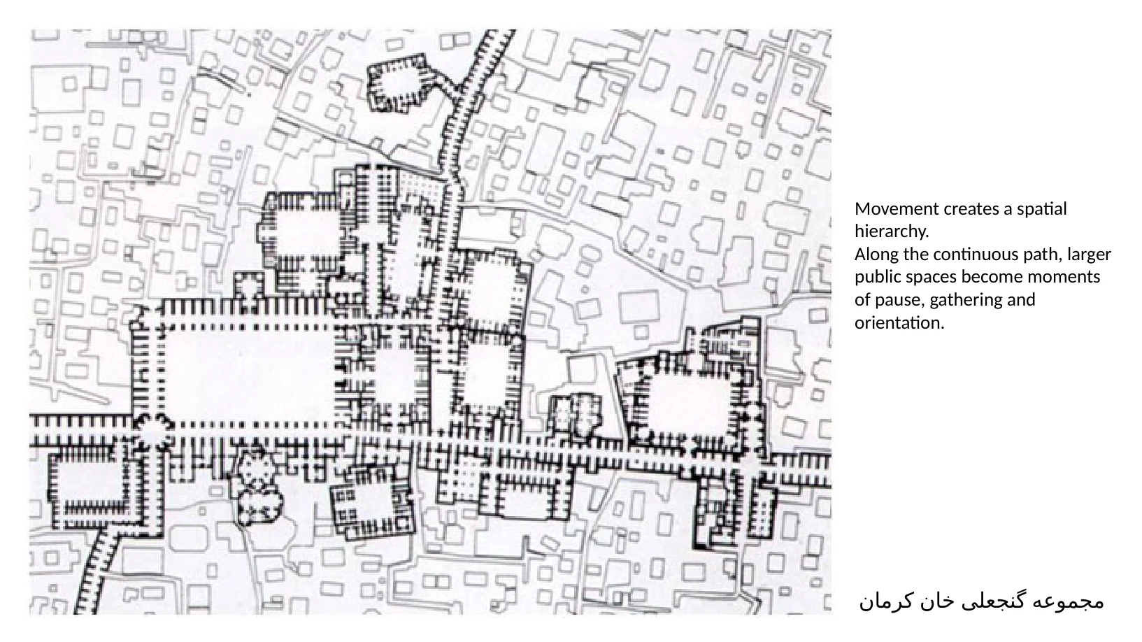 Slide 8 of 31: مجموعه گنجعلی خان کرمان Movement creates a spatial hierarchy. Along the continuous path, larger public spaces become moments of pause, gathering and orientation.