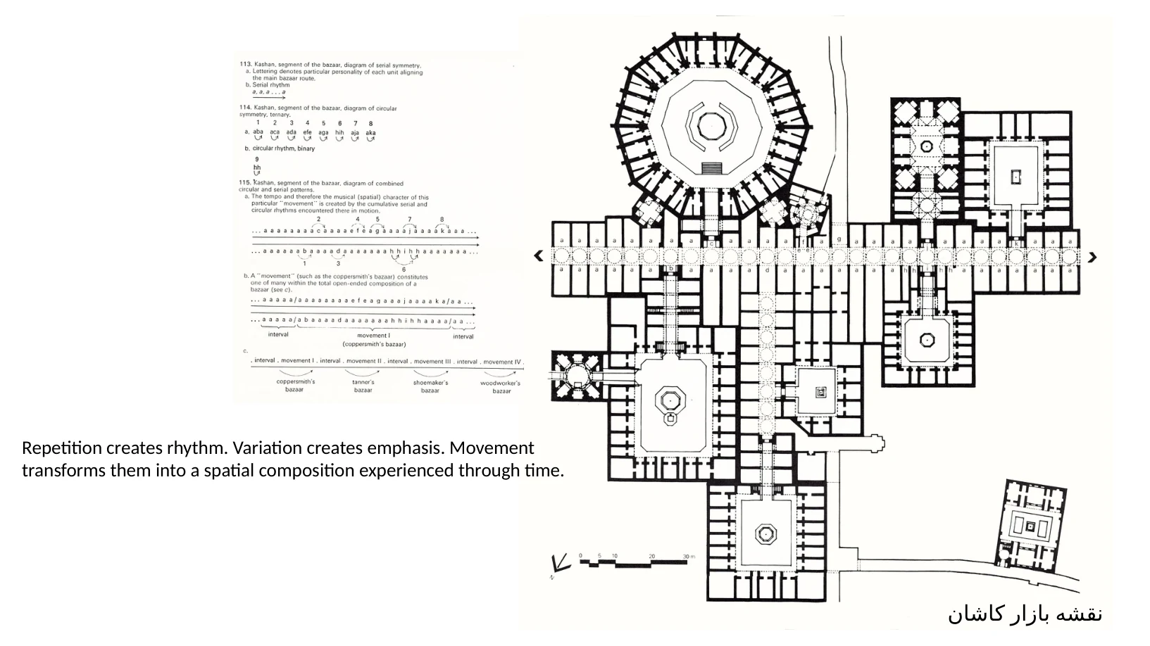 Slide 12 of 31: نقشه بازار کاشان Repetition creates rhythm. Variation creates emphasis. Movement transforms them into a spatial composition experienced through time.