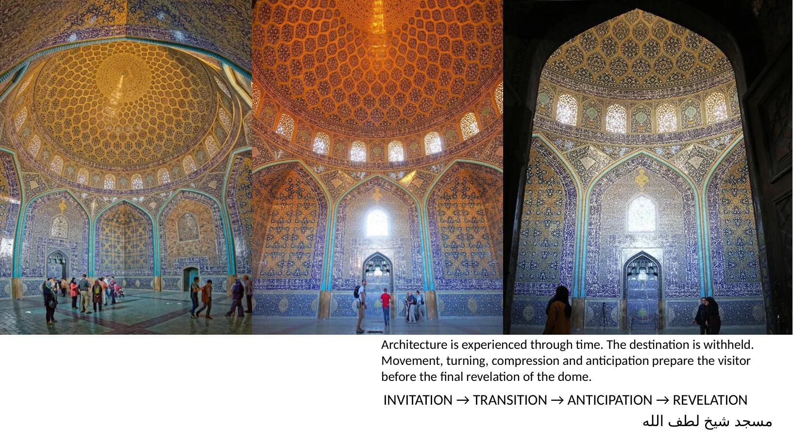 Slide 15 of 31: مسجد شیخ لطف الله Architecture is experienced through time. The destination is withheld. Movement, turning, compression and anticipation prepare the visitor before the final revela