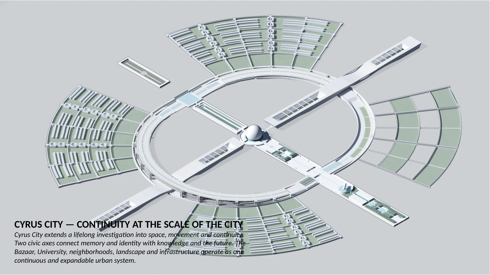 Slide 31 of 31: CYRUS CITY — CONTINUITY AT THE SCALE OF THE CITY Cyrus City extends a lifelong investigation into space, movement and continuity. Two civic axes connect memory and identity with kn