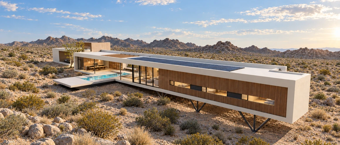 Long raised residence and pool terrace looking across the native desert