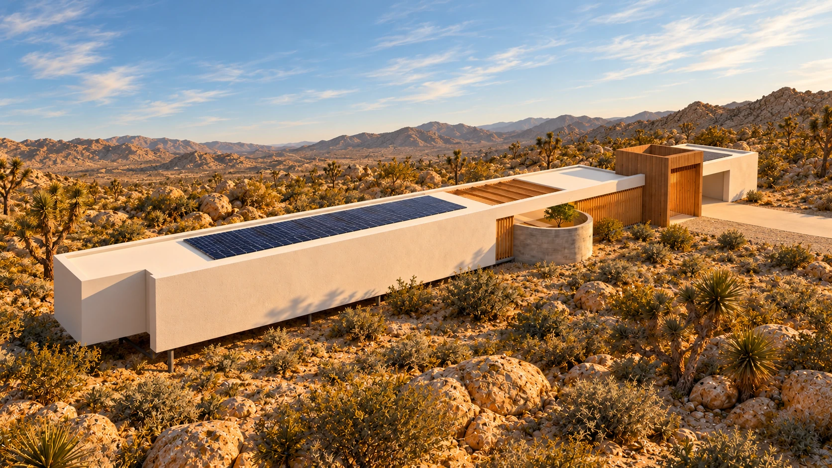 Rear approach showing the continuous solar roof and curved court