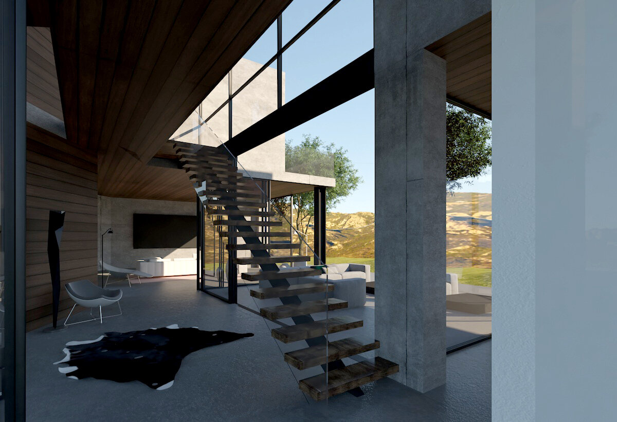 Open stair beneath a wood ceiling