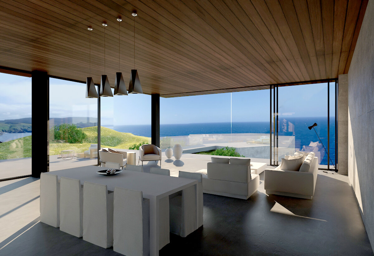 Living and dining space opening to the ocean