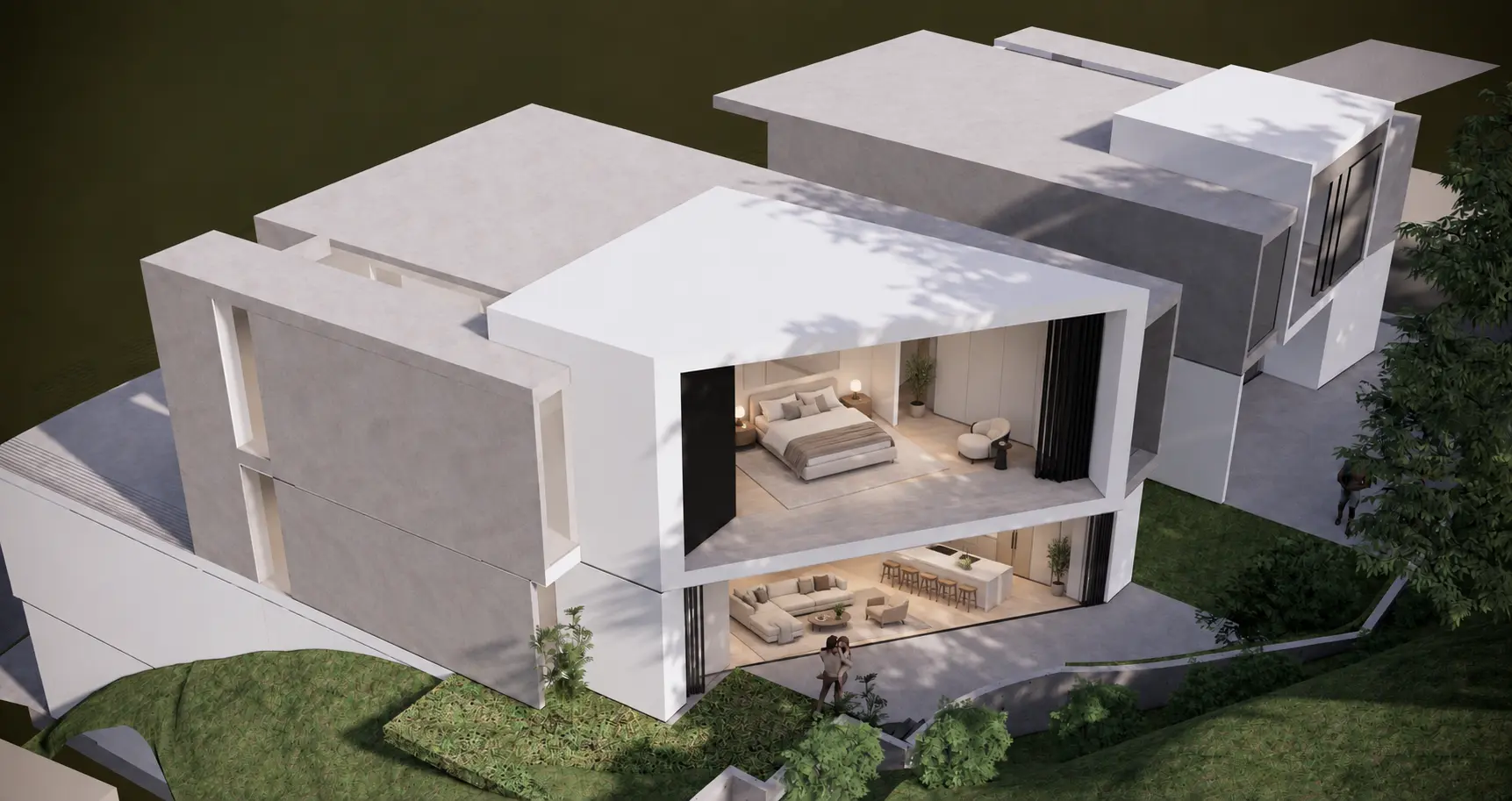 Rear aerial view showing the primary bedroom above and the open living room and kitchen below