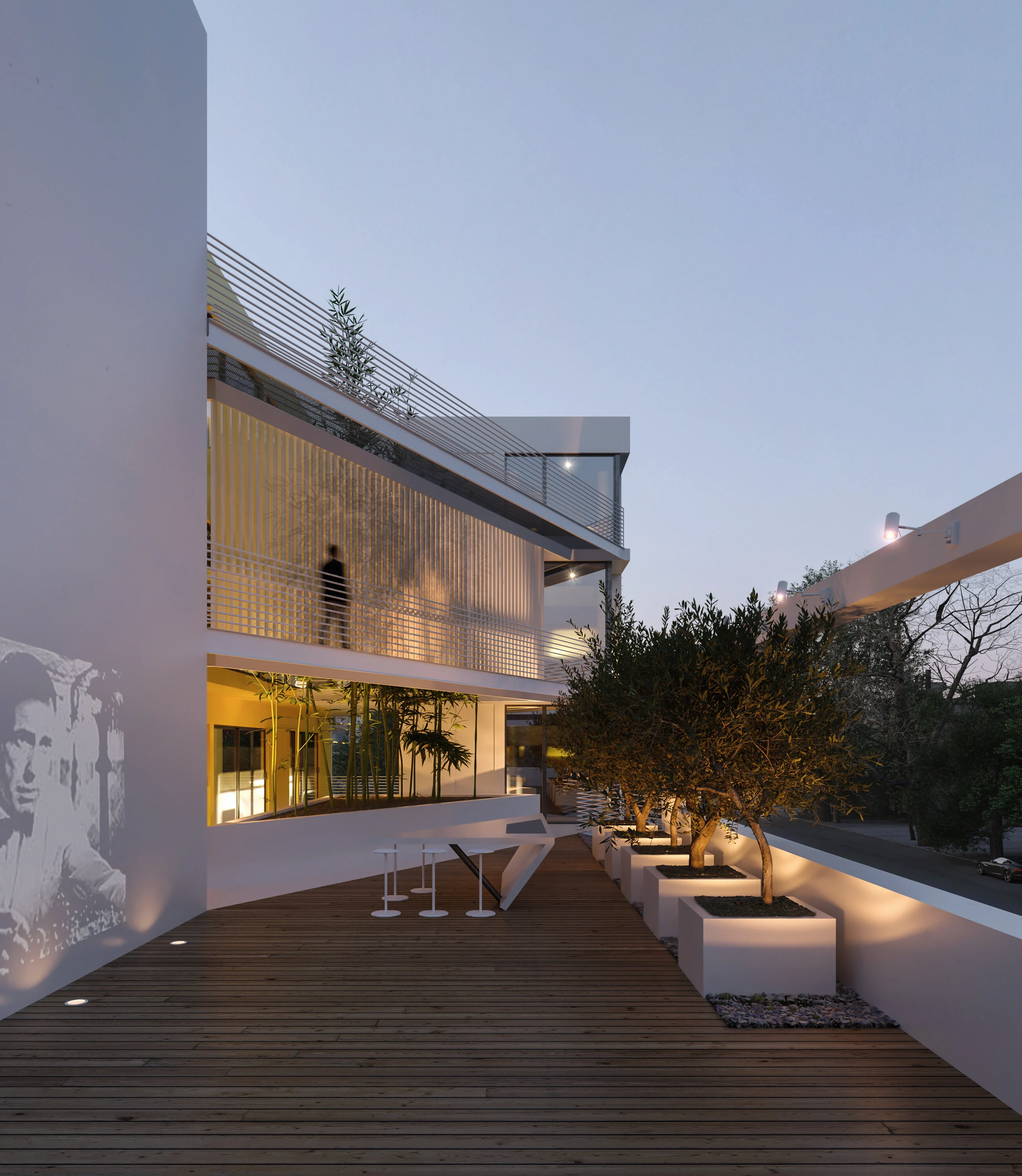 Landscaped communal terrace with wood decking, seating and a screened upper level