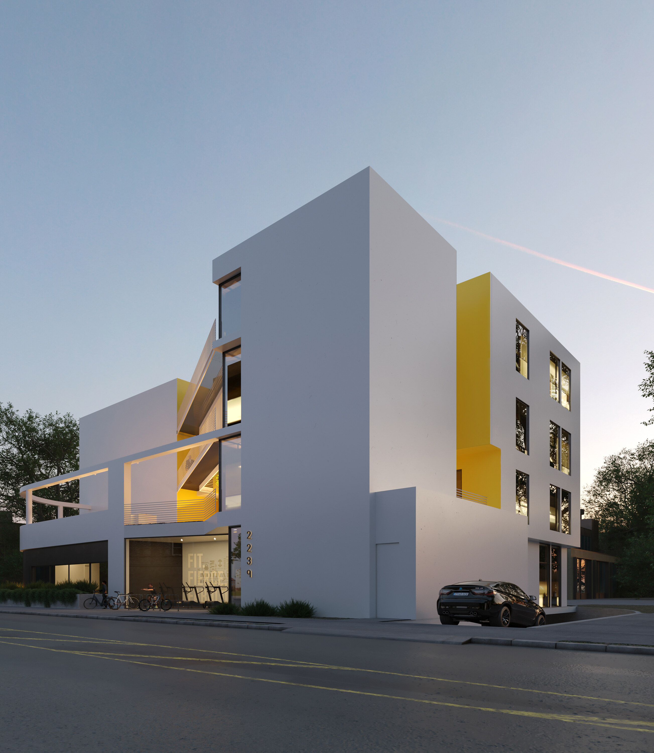 Secondary street elevation with white framed volume and yellow recesses