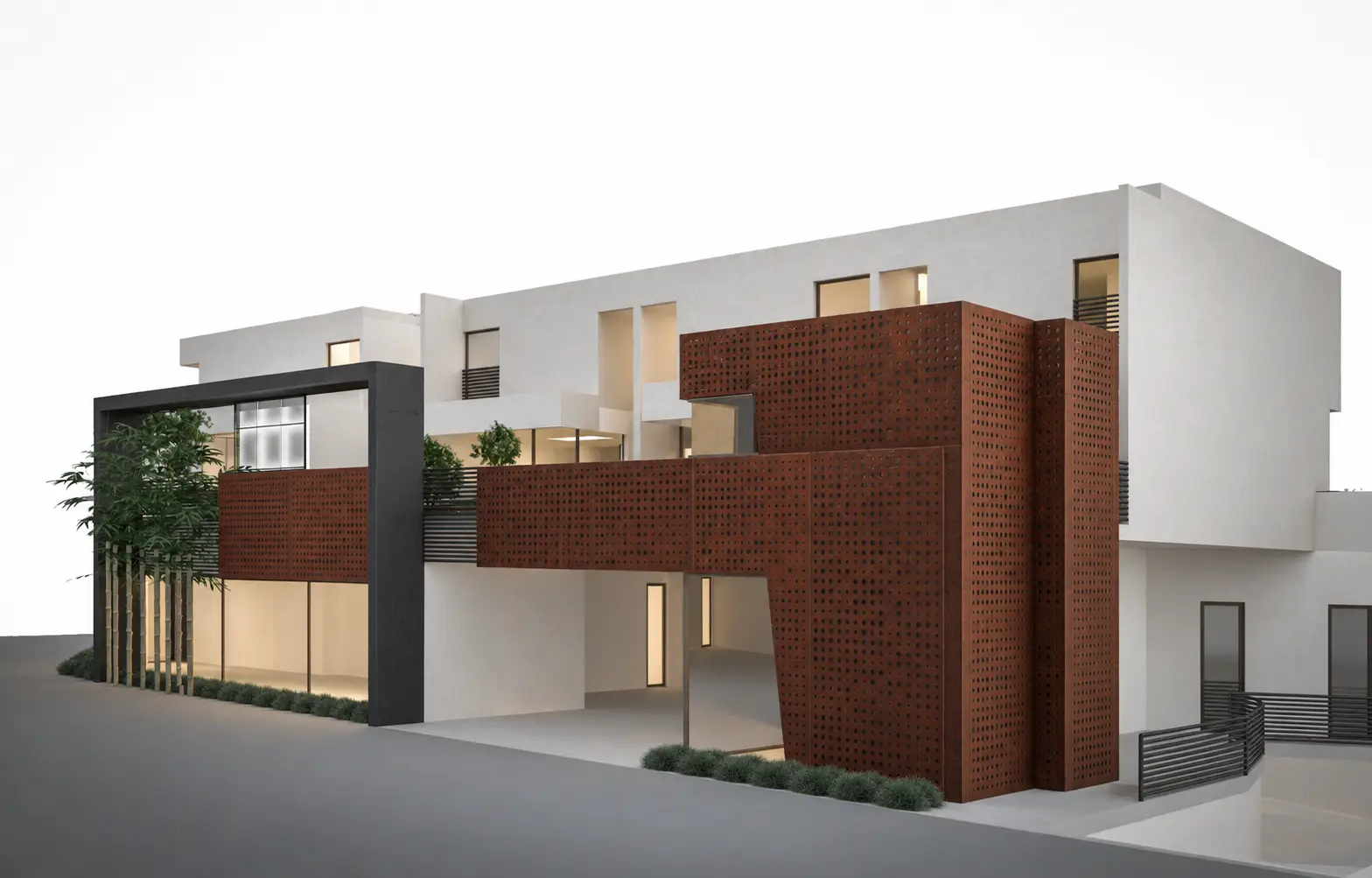 Side elevation with perforated Cor-Ten volumes and a charcoal frame