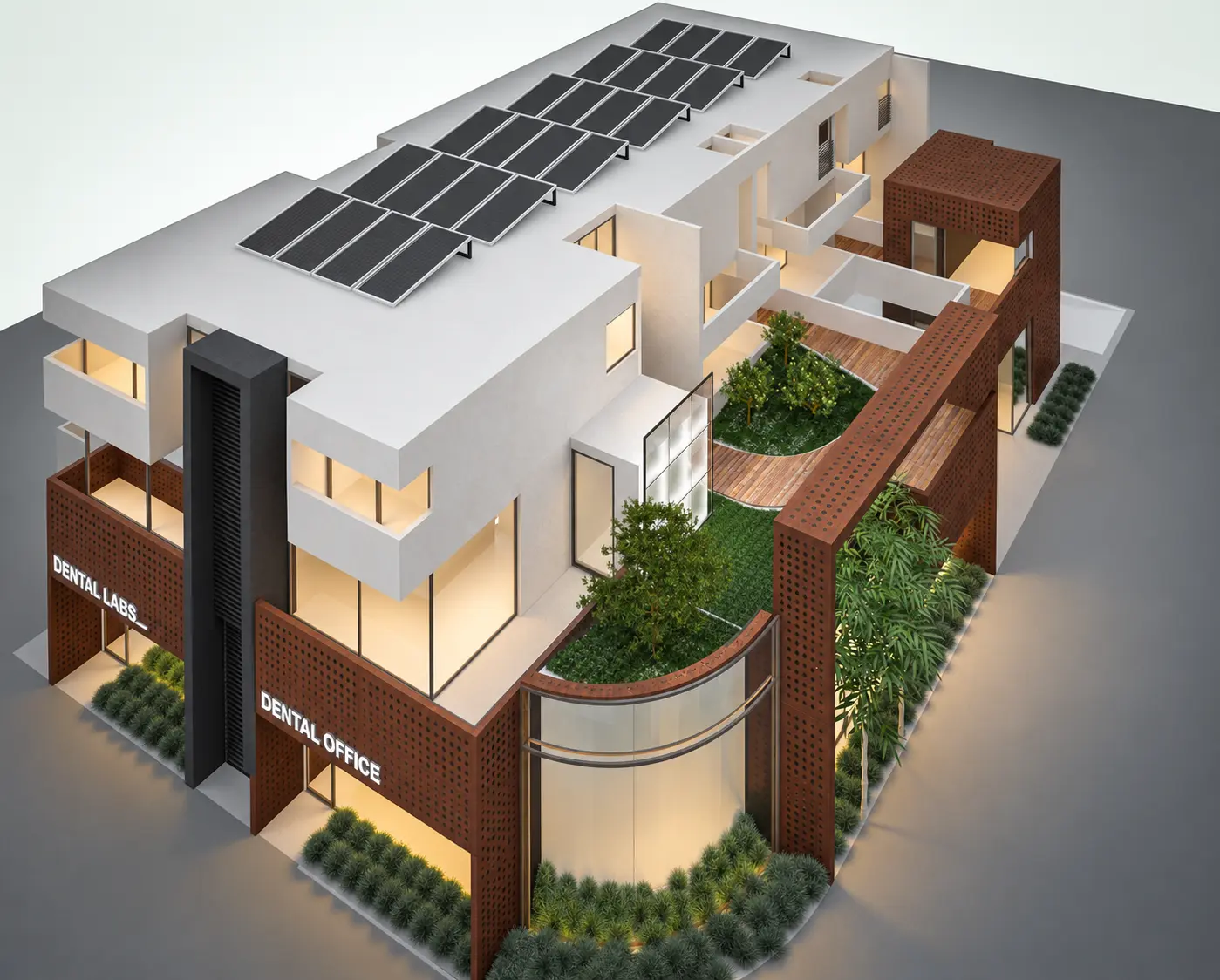 Aerial view of the dental office courtyard, terraces and rooftop solar panels
