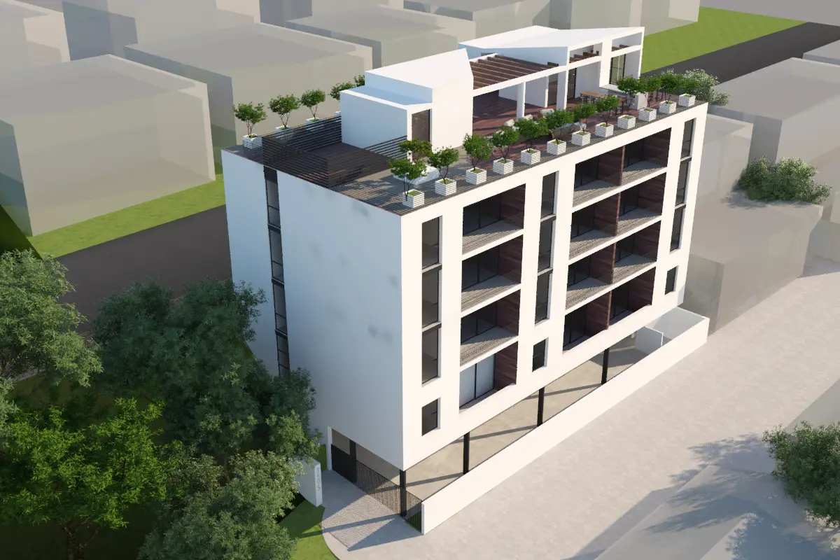 Aerial view of the apartment building and roof garden