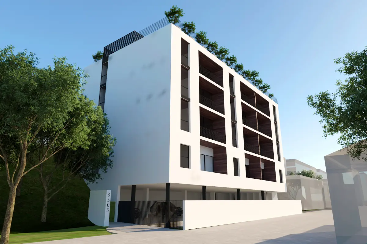 Residential façade with recessed wood balconies