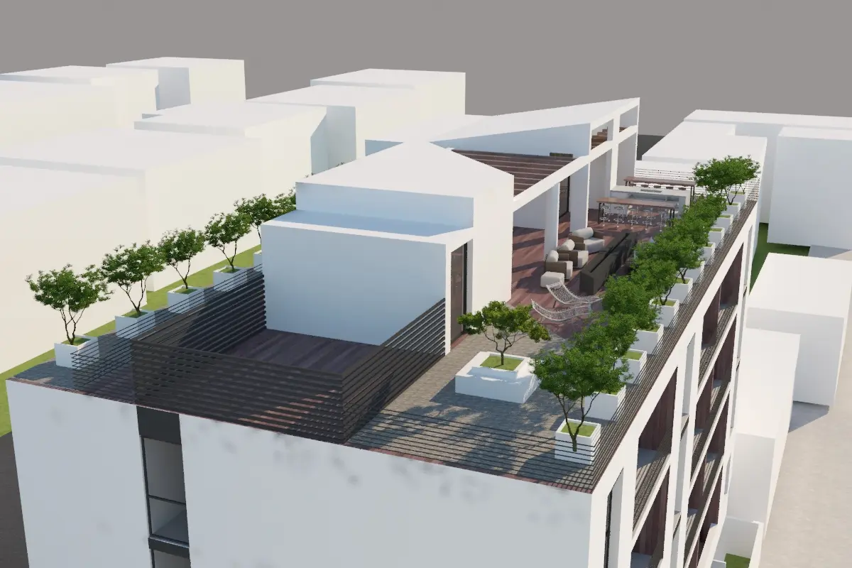 Roof garden with planted edges, pergolas and gathering areas