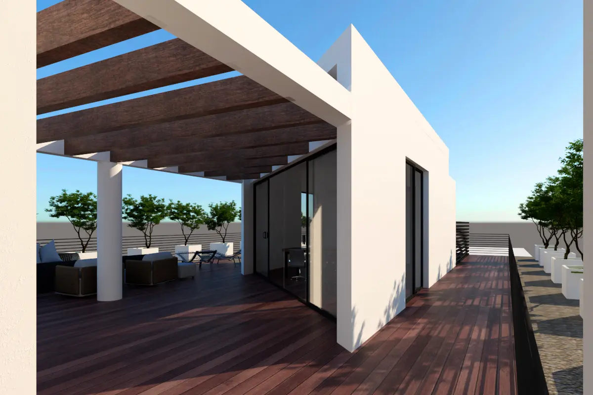 Shaded pavilion and circulation along the roof terrace