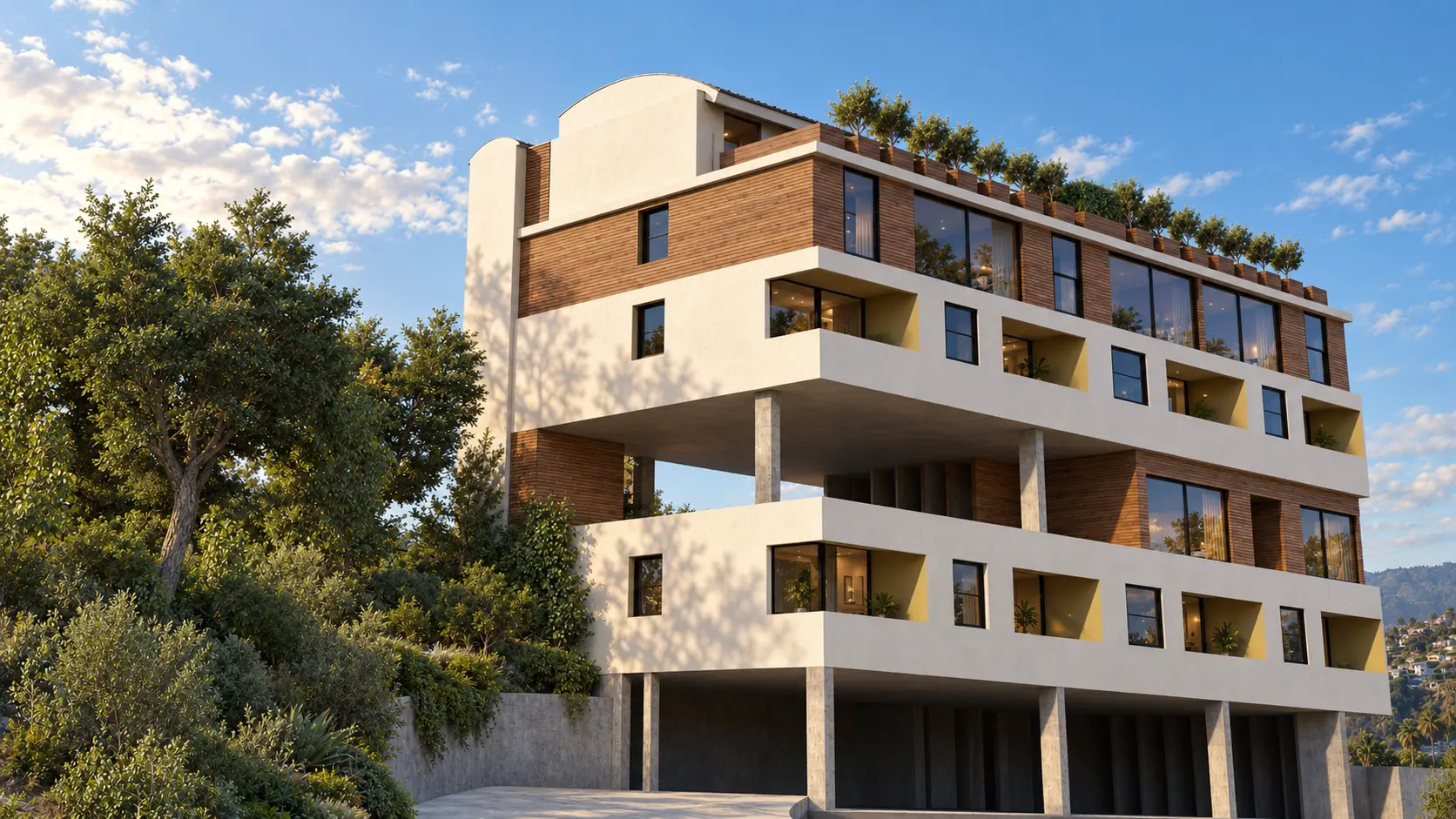 Hillside elevation with deep balconies, wood cladding and rooftop planting