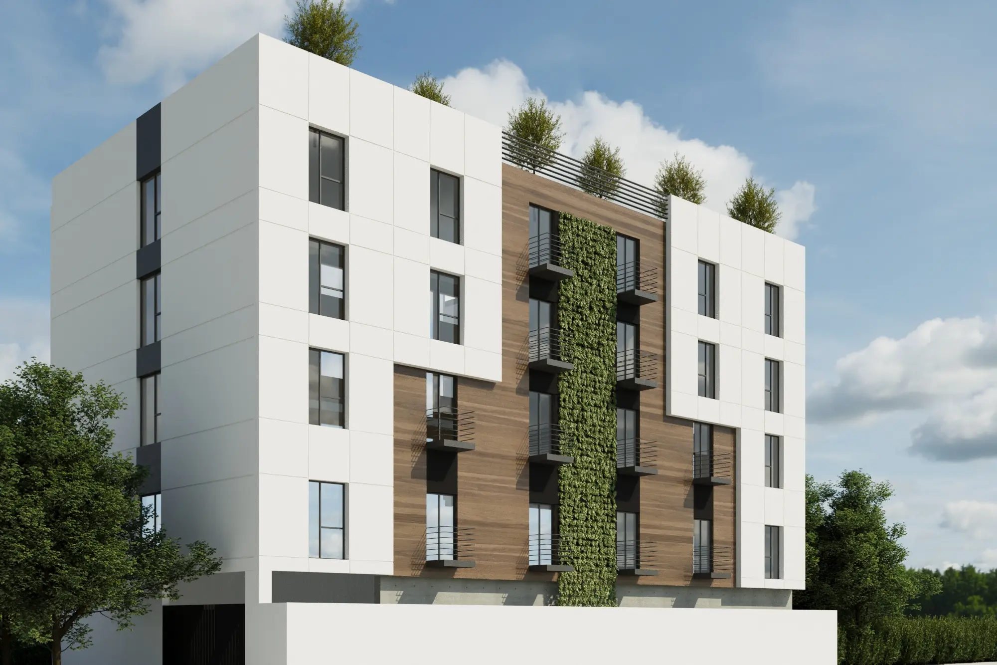 Wilshire elevation study with white frame, warm wood screens and vertical planting
