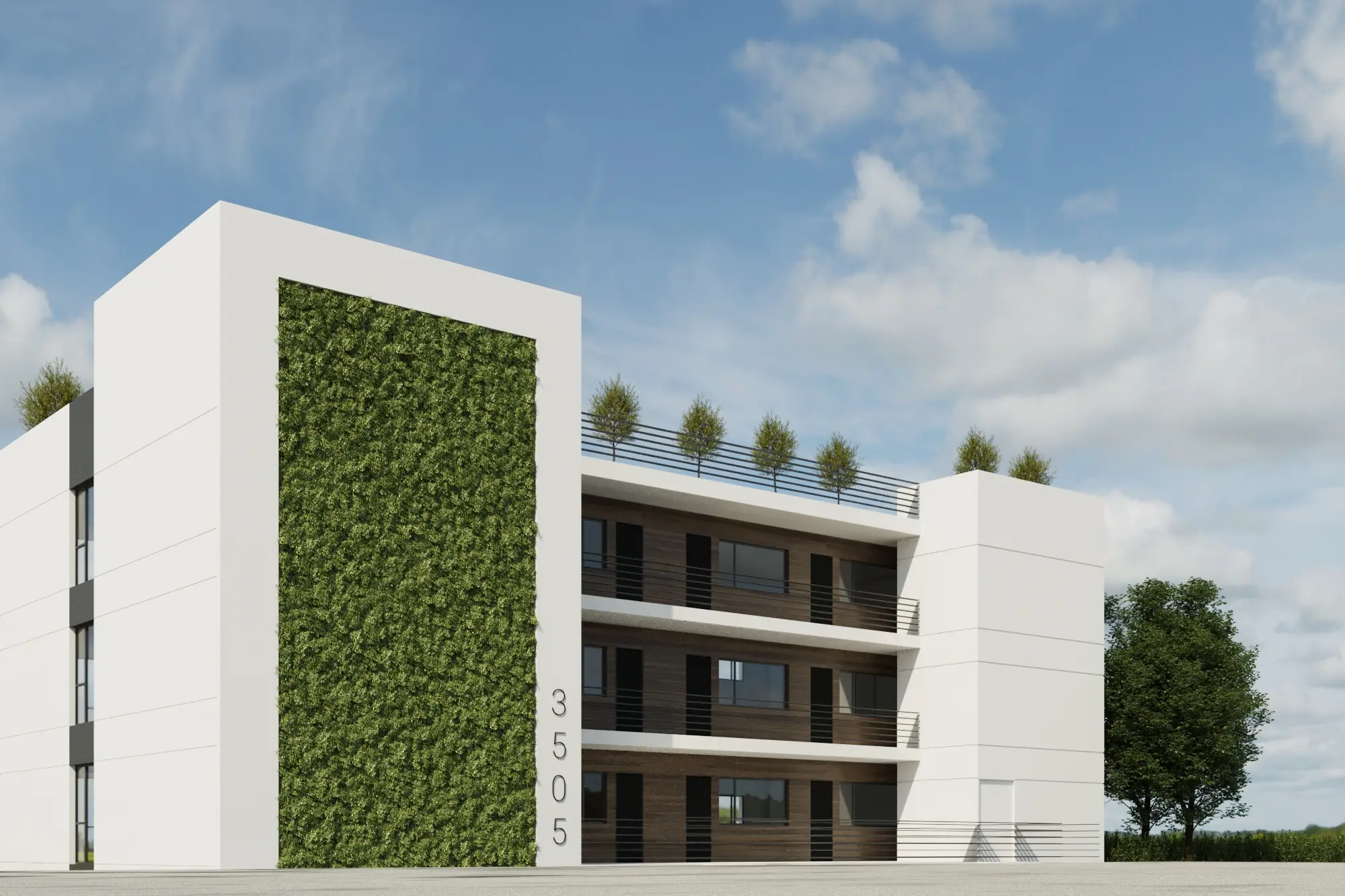 Entry court framed by a white volume and full-height living wall